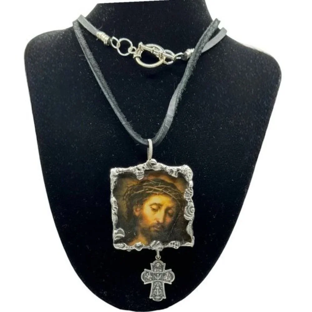 Suffering Christ Painting by Bartolomé Esteban Murillo Glass Hand Solder Pendant - Picture 2 of 15